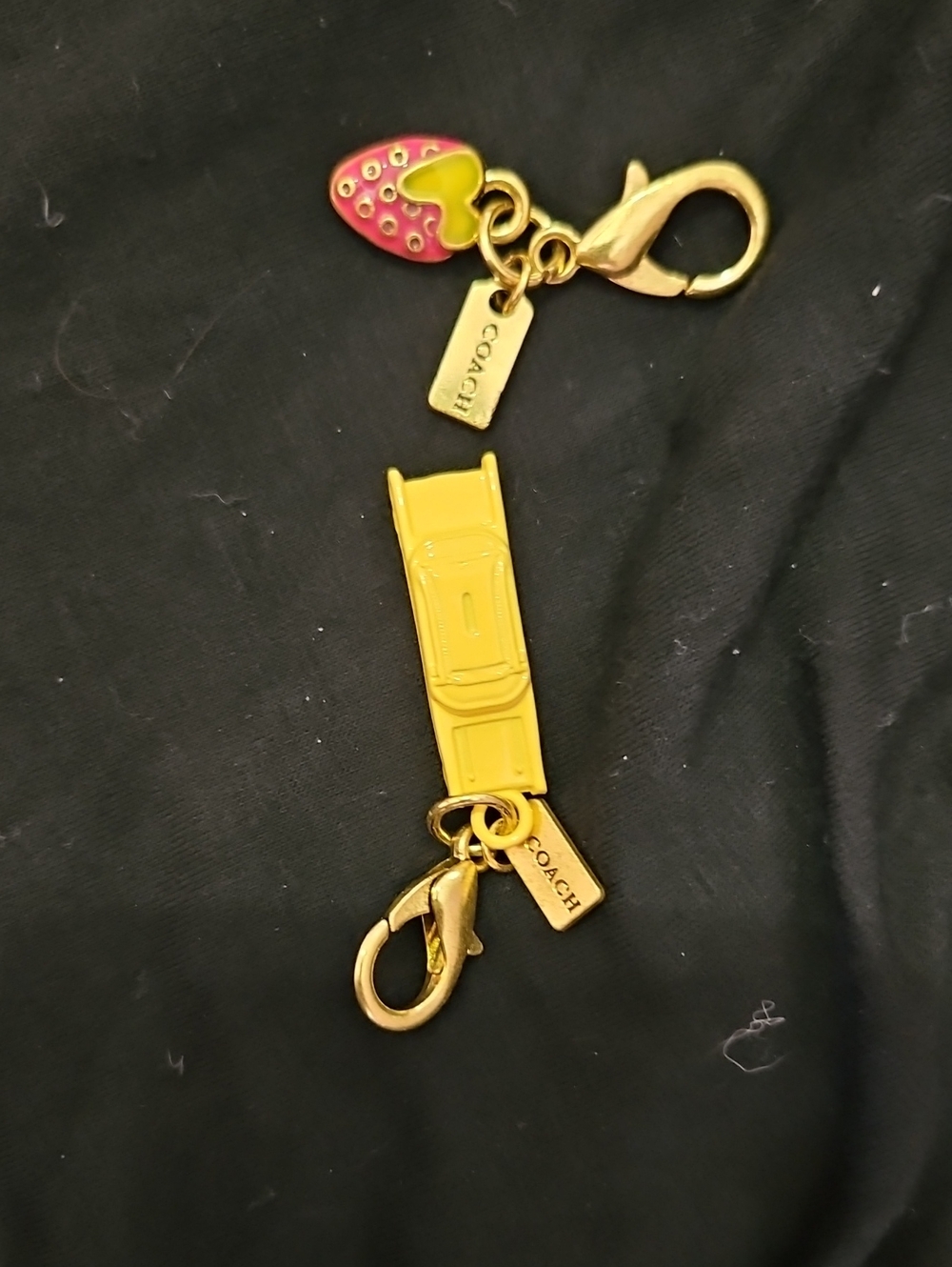 Coach Yellow Enamel Car & Strawberry Charm Key Holder with Gold Hardware
